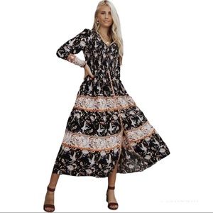 Bohme Smocked Bird Print Long Sleeve Maxi Dress